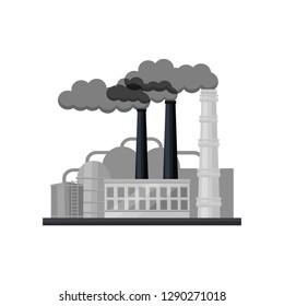 Large factory with industrial building, smoking pipes and large steel cisterns. Heavy industry. Flat vector design