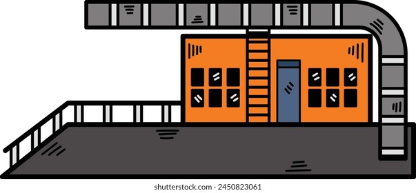 A large factory with smoke coming out of the top. The building is black and white