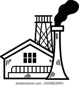A large factory with smoke coming out of the top. The building is black and white
