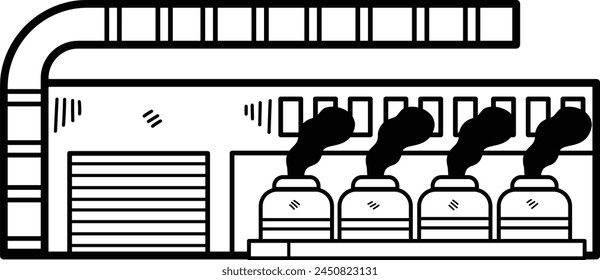 A large factory with smoke coming out of the top. The building is black and white