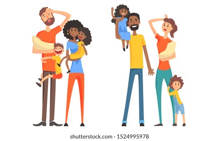 Large Families Set, Tired Parents and Their Children, Parenting Stress Vector Illustration