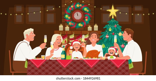 Large family celebrates Christmas or New Year. Grandma and grandfather, mom, dad and children are sitting at the table and having dinner. Cozy home with a fireplace and a Christmas tree. Vector illu