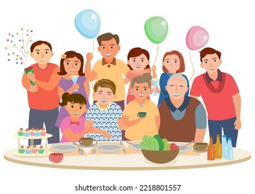 Large family celebrates. Grandma and grandfather, mom, dad and children having party. Vector illustration