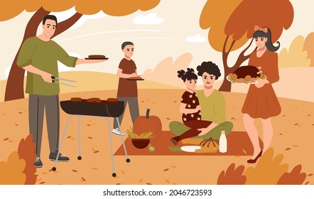 A large family celebrates Thanksgiving on a picnic in the park in autumn. Parents with children and teenager eat turkey and barbecue outdoors. Flat vector illustration