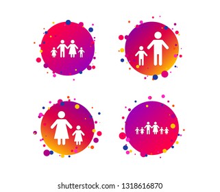 Large family with children icon. Parents and kids symbols. One-parent family signs. Mother and father divorce. Gradient circle buttons with icons. Random dots design. Vector