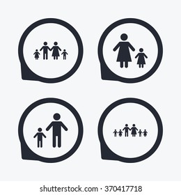 Large family with children icon. Parents and kids symbols. One-parent family signs. Mother and father divorce. Flat icon pointers.