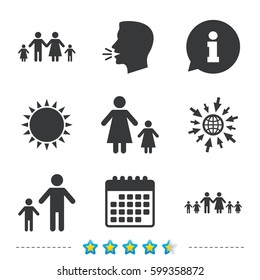 Large family with children icon. Parents and kids symbols. One-parent family signs. Mother and father divorce. Information, go to web and calendar icons. Sun and loud speak symbol. Vector