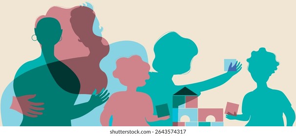 Large family with children playing with cubes, silhouette vector stock illustration as Authentic Family