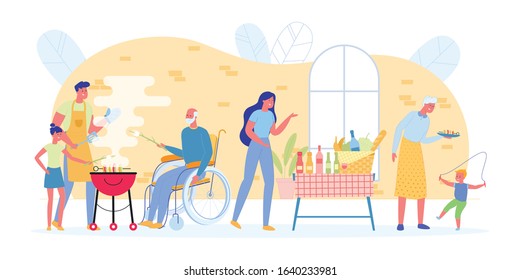 Large Family Cooks Barbecue Together in Backyard. Grandparents Came to Dinner with their Grandchildren and Children. They have Fun, Play and Cook Together to Eat. Boy Jumps on Skipping Rope.