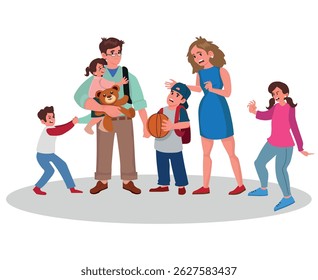 Família grande com crianças chorando e pais exaustos, ilustração vetorial 