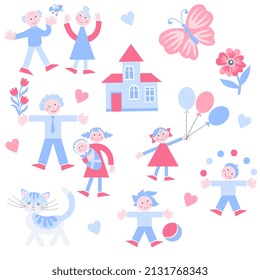 Large family of cute cartoon people and a cat in pink and blue colors are walking near their house isolated on a white background. Flowers, big butterfly, cat, balloons and hearts. Seamless print.