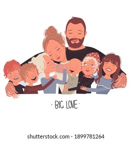 A large family: dad, mom and children, daughters and sons hug tightly. Big Love, happy parents day. Сartoon illustration isolated on white background. Vector.