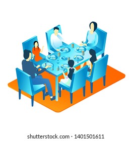 large family dinner isometric illustration concept