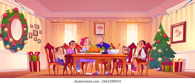 Large family at festive table in cozy home interior with Christmas tree and decorations. Cartoon vector illustration of Xmas and New Year dinner. Man, woman and children eating together in living room