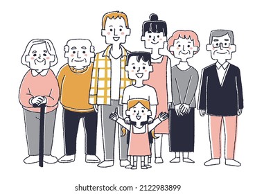  A large family of four generations, a comical handwritten person illustration, a vector line drawing with simple coloring, and a white background.