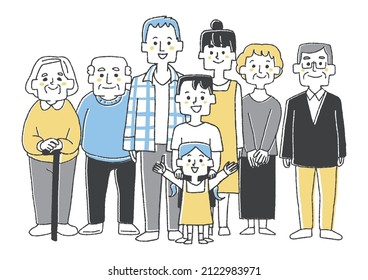  A large family of four generations, a comical handwritten person illustration, a vector line drawing with simple coloring, and a white background.