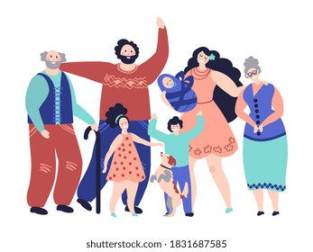 Large family. Generations, cartoon smiling parents and kids. Happy grandparents mom girl boy baby characters, parenthood vector concept