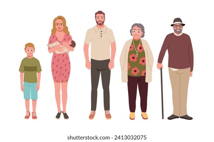 Large family with glasses from children to old people. Hereditary myopia. Persons generations. Young and elderly couples. Genetic illness. Men and women in eyeglasses. Vector concept