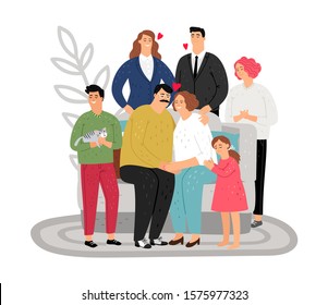 Large family. Happy mother father and kids. Adoptive parents vector concept