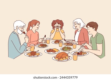 Large family has dinner together after completing religious fast, sitting around table with food. Happy seniors with children and granddaughter having thanksgiving dinner, eating turkey meat