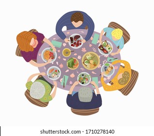 A large family has lunch at a round table. The view from the top. A table full of food. Happy family and food background. Vector illustration