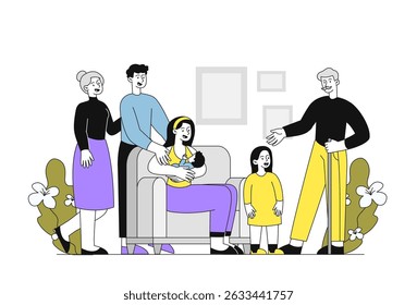 Família grande em casa. Avó, avô, pai e mãe com filha e filho. Grande família feliz passando tempo juntos. Irmão e irmã, marido e mulher. Ilustração de vetor linear