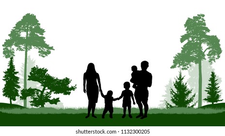 Large family (man, woman and three children) walks in the park (forest). Vector