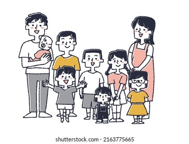  A large family with many children, a comical handwritten person vector, a warm line drawing