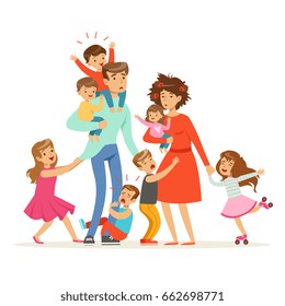Large family with many children. Kids, babies and their tired parents vector Illustration