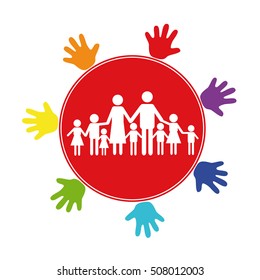 The large family on a background of a red circle, surrounded by multicolored children's palms. The emblem or logo of the large family with original design isolated on a white background.