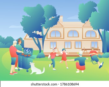 A large family on the lawn is having a great time against the backdrop of a large house and trees. Grandpa is making grilled cutlets. Property insurance, happy life concept.