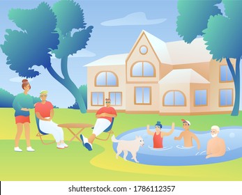 A large family on the lawn near the house has a great time against the backdrop of the house and trees. Grandfather with children swims in the pool. Grandma and father on the sun loungers. 