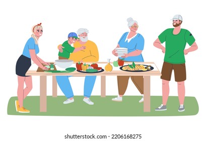 Large Family On The Street Set The Table. Adult Children And Elderly Parents. Shared Lunch With A Large Family. Flat Vector Illustration, Eps10