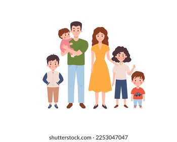 Large family parents and children characters group, cartoon flat vector illustration isolated on white background. Parents and four children standing together.