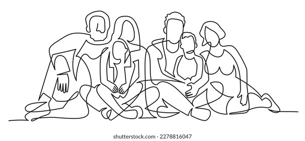 Large family. Parents and children. One continuous line drawing.