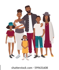 Large family portrait. African mother, father and five children. Happy people with relatives. Colorful flat illustration.