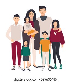 Large family portrait. Asian mother, father and five children. Happy people with relatives. Colorful flat illustration.