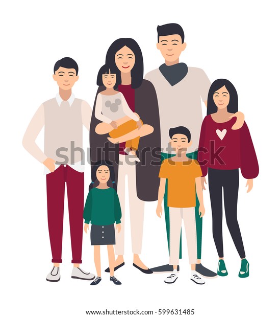 Large\
family portrait. Asian mother, father and five children. Happy\
people with relatives. Colorful flat\
illustration.