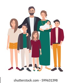 Large family portrait. European mother, father and five children. Happy people with relatives. Colorful flat illustration.