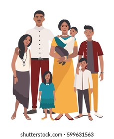 Large family portrait. Indian mother, father and five children. Happy people with relatives. Colorful flat illustration.