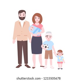 Large family portrait. Mother holding newborn baby, father, and children standing together. Adorable cartoon characters isolated on white background. Colorful vector illustration in flat style.