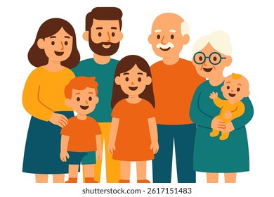 A large family of seven is depicted in a flat design style, featuring mom, dad, kids, and grandparents in vibrant colors, as a vector illustration