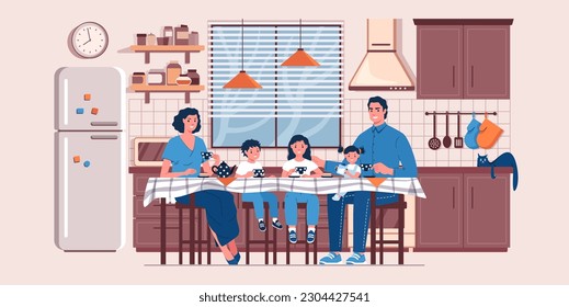 Una gran familia está sentada en una mesa de cena festiva. Los niños y los padres felices comen postre y beben de tazas de té. Dibujo plano con caracteres vectoriales.