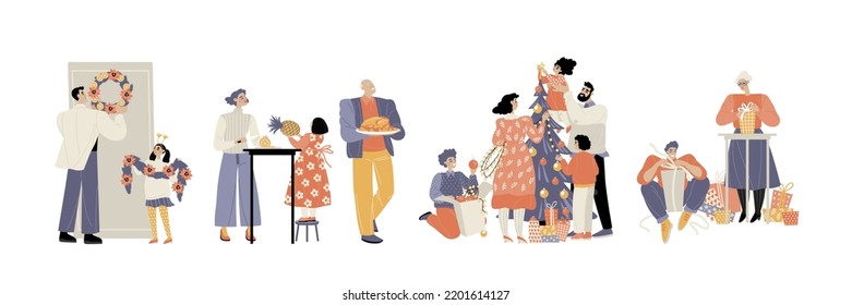 A large family and their friends are preparing for Christmas, decorating the house and the Christmas tree, preparing dinner and packing presents. Set of cute vector illustrations in flat style