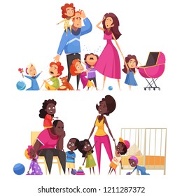 Large family two horizontal compositions with many little children and tired parents flat vector illustration