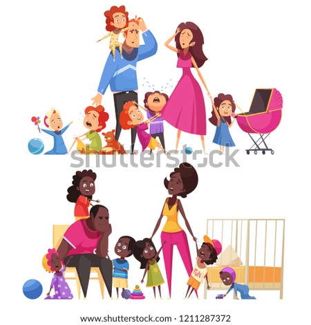 Large family two horizontal compositions with many little children and tired parents flat vector illustration