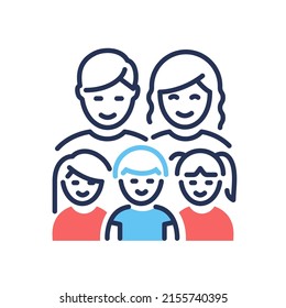 The Large Family - Vector Line Design Single Isolated Icon On White Background. High Quality Black Pictogram With Red And Blue Colors. Image Of Mom, Dad And Three Kids. Happy Relatives Idea