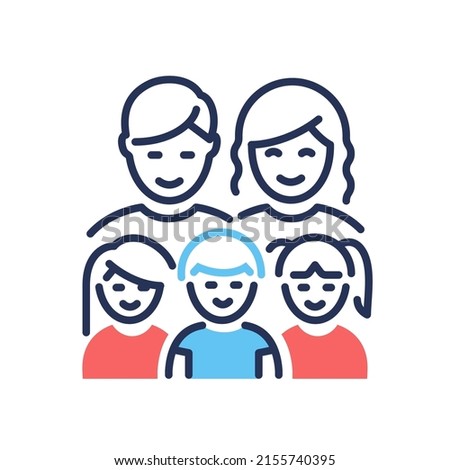 The large family - vector line design single isolated icon on white background. High quality black pictogram with red and blue colors. Image of mom, dad and three kids. Happy relatives idea