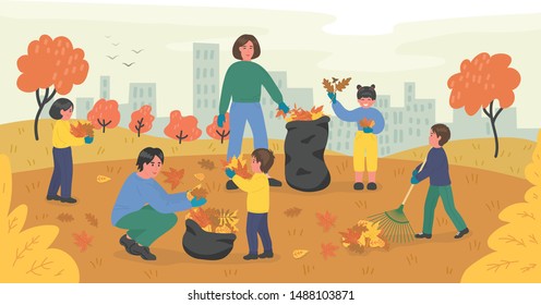 Large family of volunteers cleaning up autumn leaves in the city park. Young man, woman and children clean-up falling foliage in the garden. Vector illustration