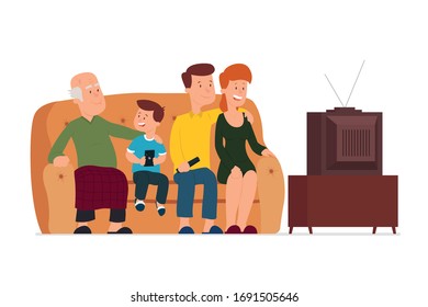 large family is watching TV. Grandfather and family are watching a movie. vector illustration